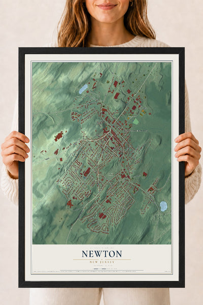 Newton, New Jersey map print, 18" x 24" W/ Black Ayous Wood Frame mockup