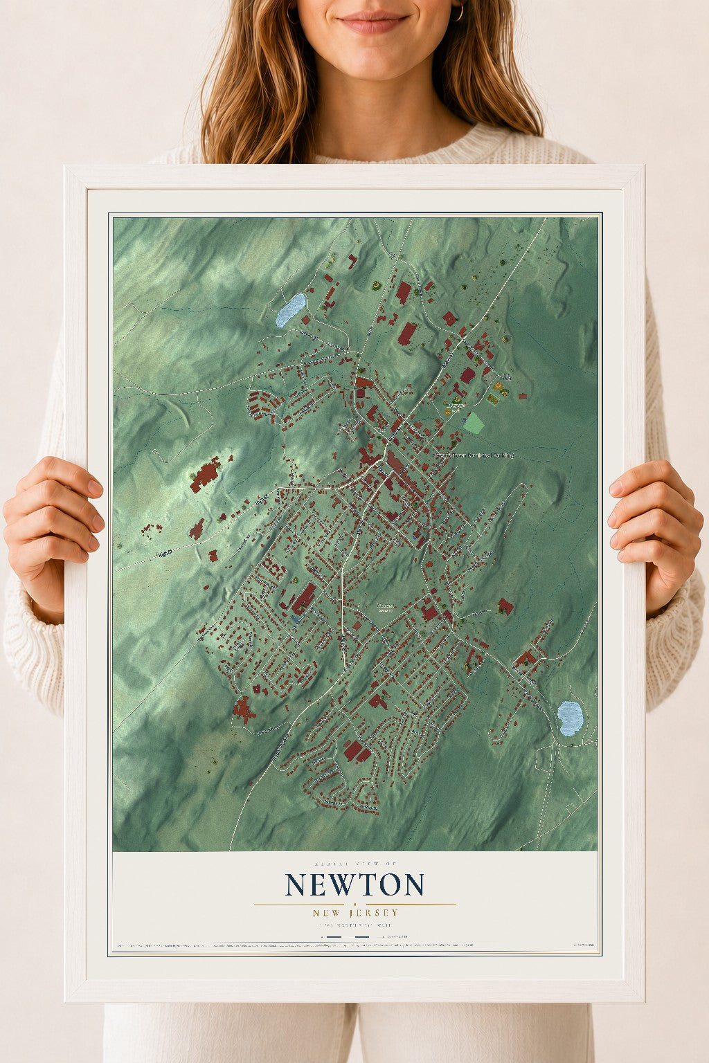 Newton, New Jersey map print, 18" x 24" W/ White Ayous Wood Frame mockup