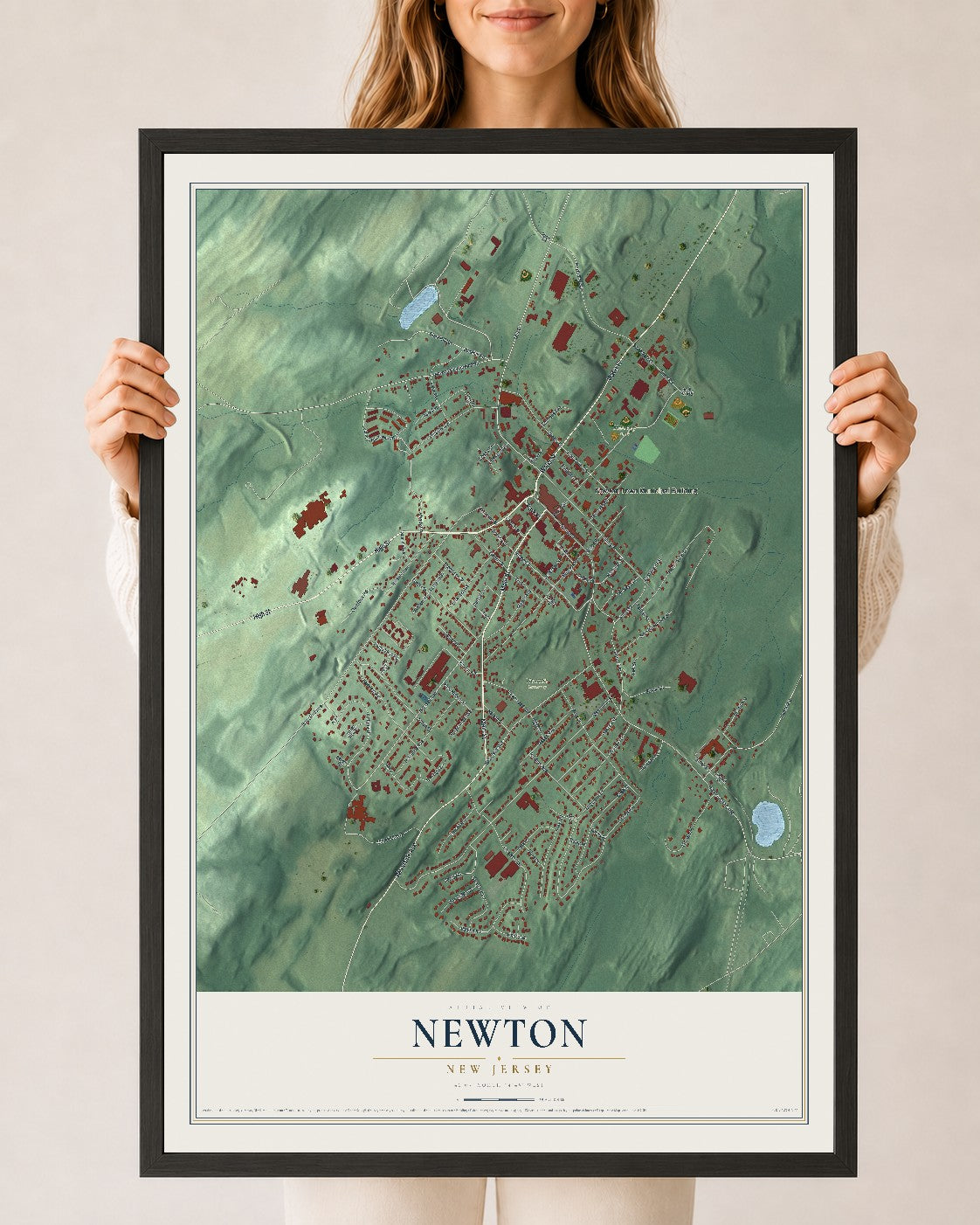Newton, New Jersey map print, 24" x 36" W/ Black Ayous Wood Frame mockup