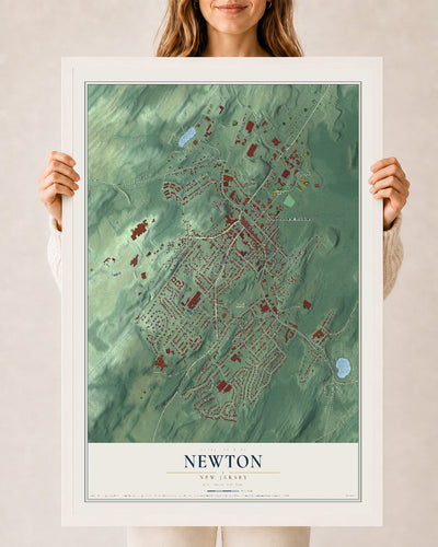 Newton, New Jersey map print, 24" x 36" W/ White Ayous Wood Frame mockup