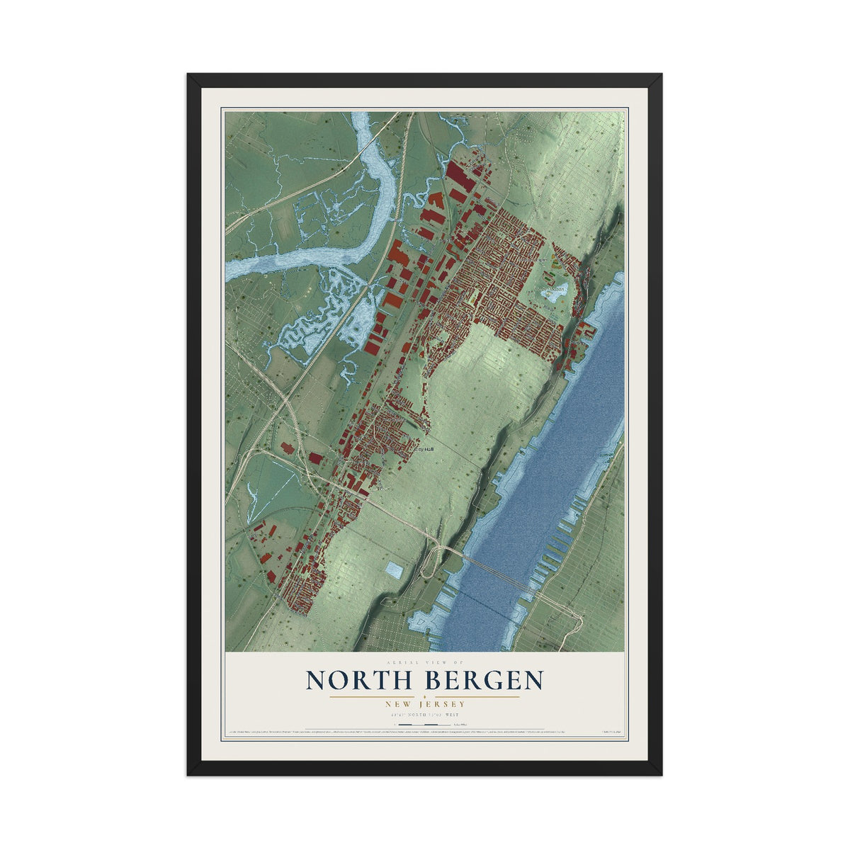 North Bergen, New Jersey map print, 12" x 18" W/ Black Ayous Wood Frame mockup