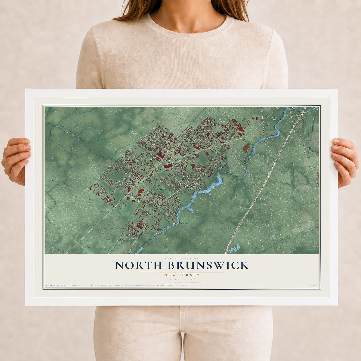 North Brunswick, New Jersey map print, 12" x 18" W/ White Ayous Wood Frame mockup