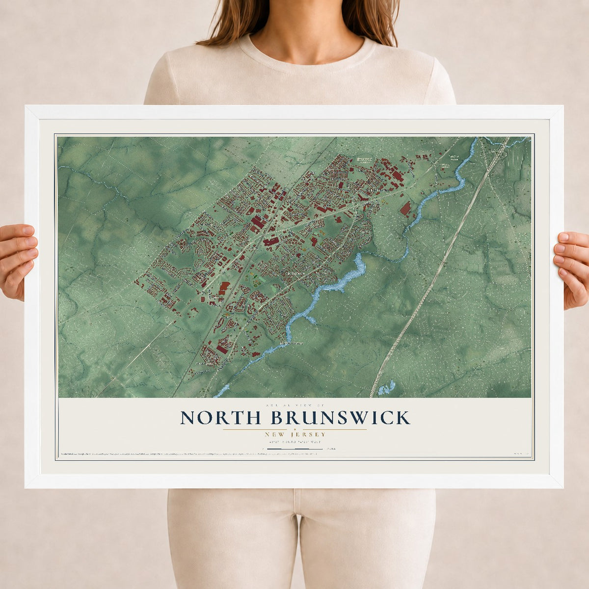 North Brunswick, New Jersey map print, 18" x 24" W/ White Ayous Wood Frame mockup