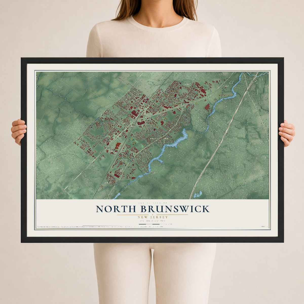 North Brunswick, New Jersey map print, 24" x 36" W/ Black Ayous Wood Frame mockup