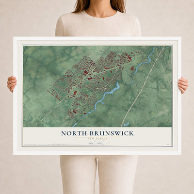 North Brunswick, New Jersey map print, 24" x 36" W/ White Ayous Wood Frame mockup