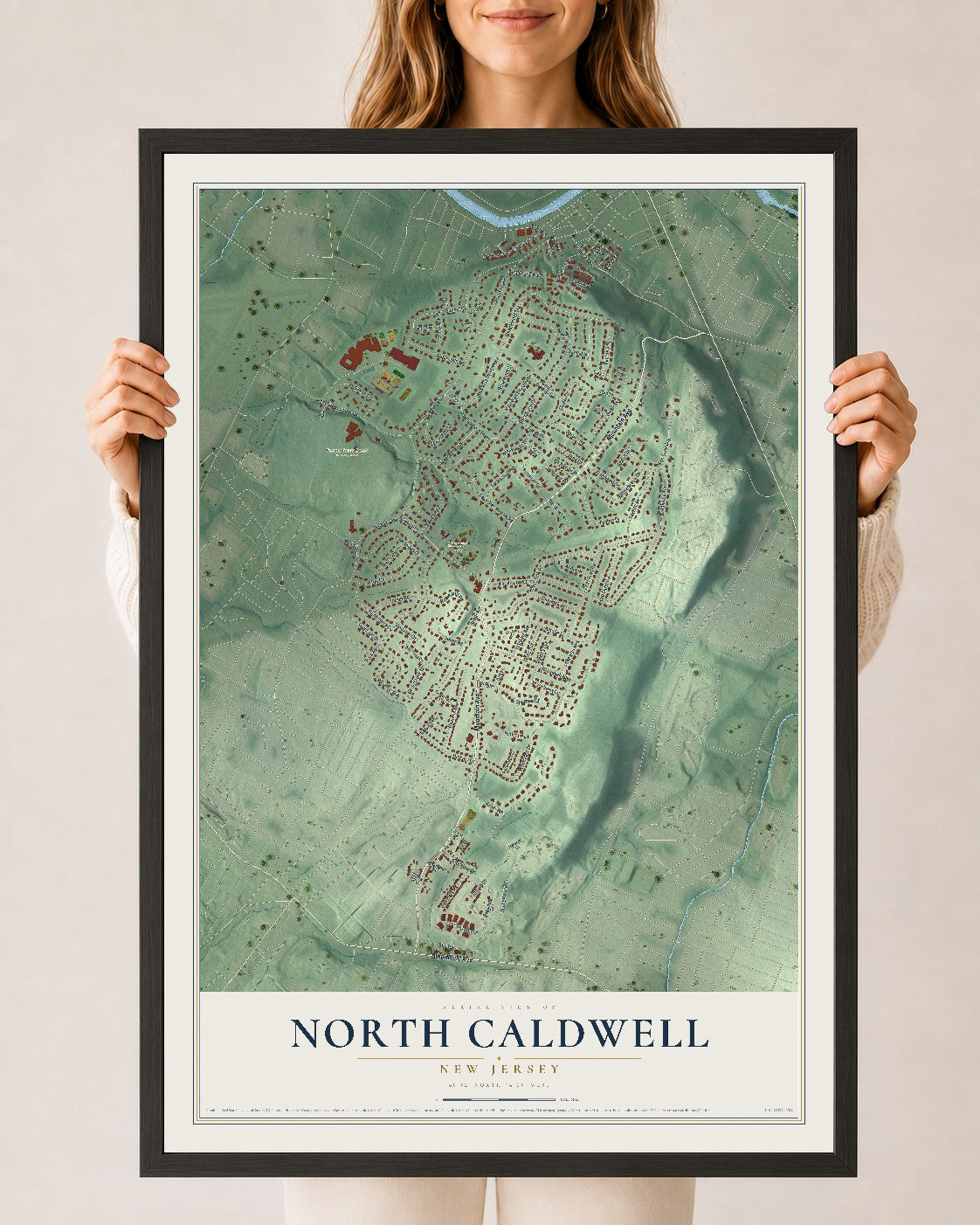 North Caldwell, New Jersey map print, 24" x 36" W/ Black Ayous Wood Frame mockup