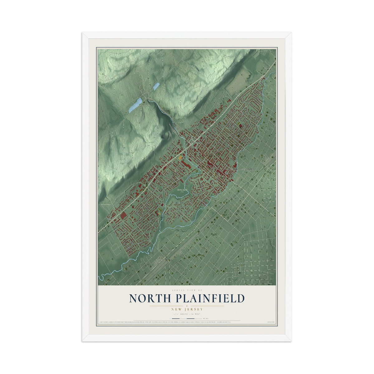 North Plainfield, New Jersey map print, 12" x 18" W/ White Ayous Wood Frame mockup