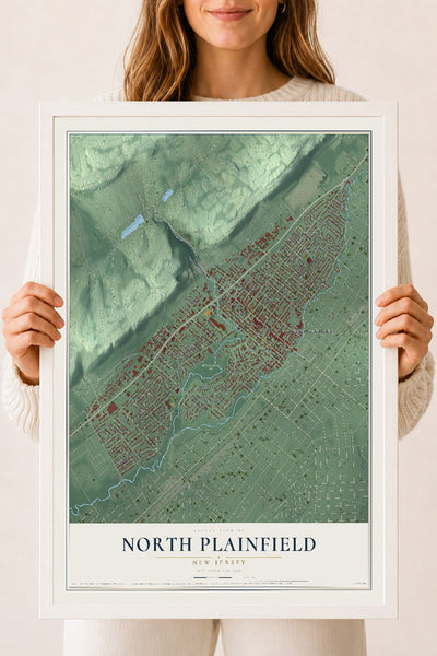 North Plainfield, New Jersey map print, 18" x 24" W/ White Ayous Wood Frame mockup