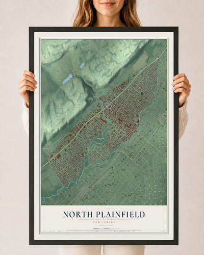 North Plainfield, New Jersey map print, 24" x 36" W/ Black Ayous Wood Frame mockup