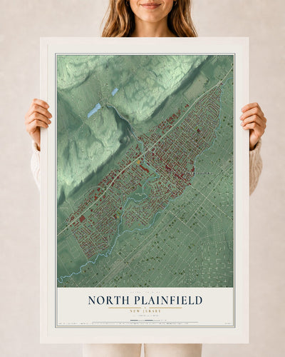 North Plainfield, New Jersey map print, 24" x 36" W/ White Ayous Wood Frame mockup