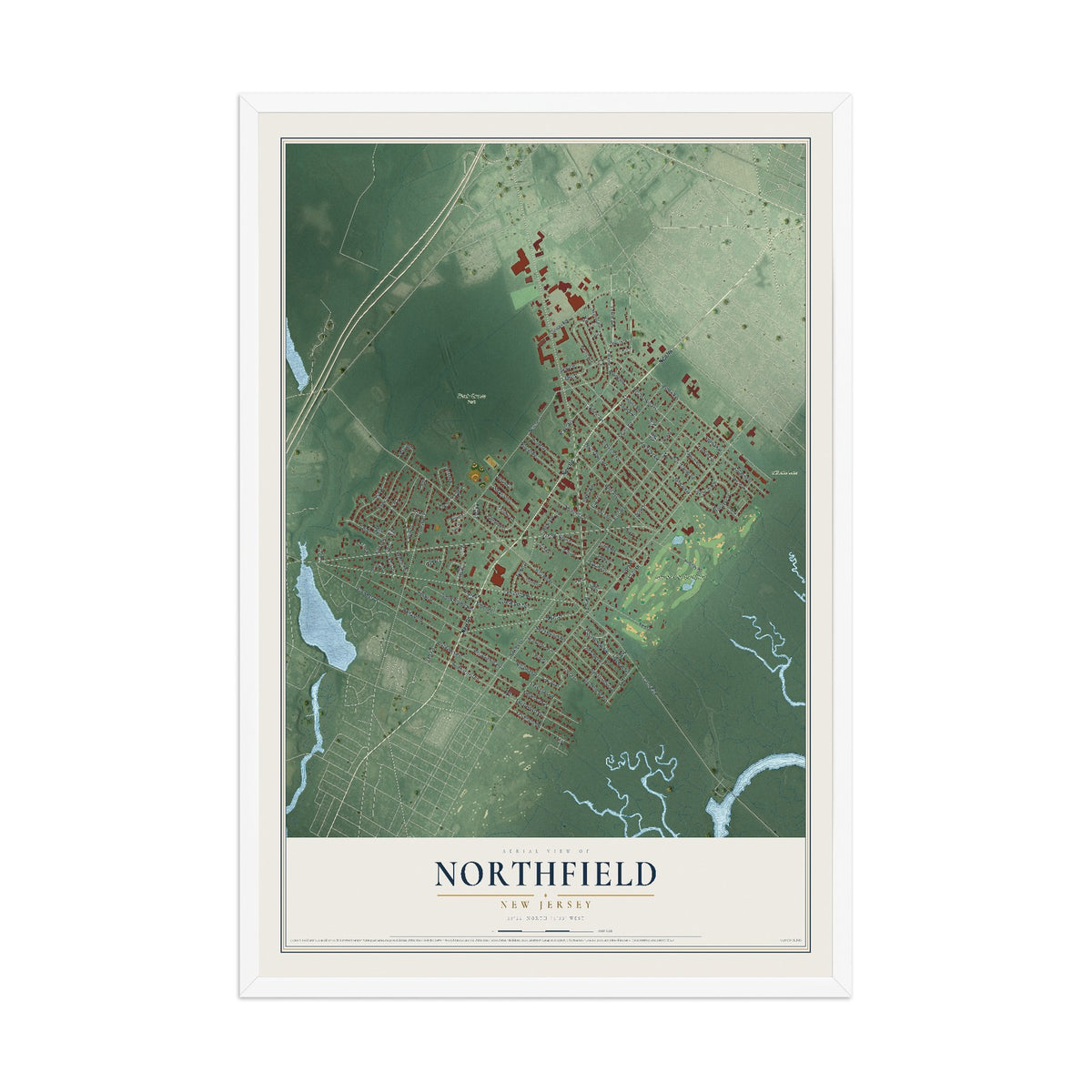 Northfield, New Jersey map print, 12" x 18" W/ White Ayous Wood Frame mockup