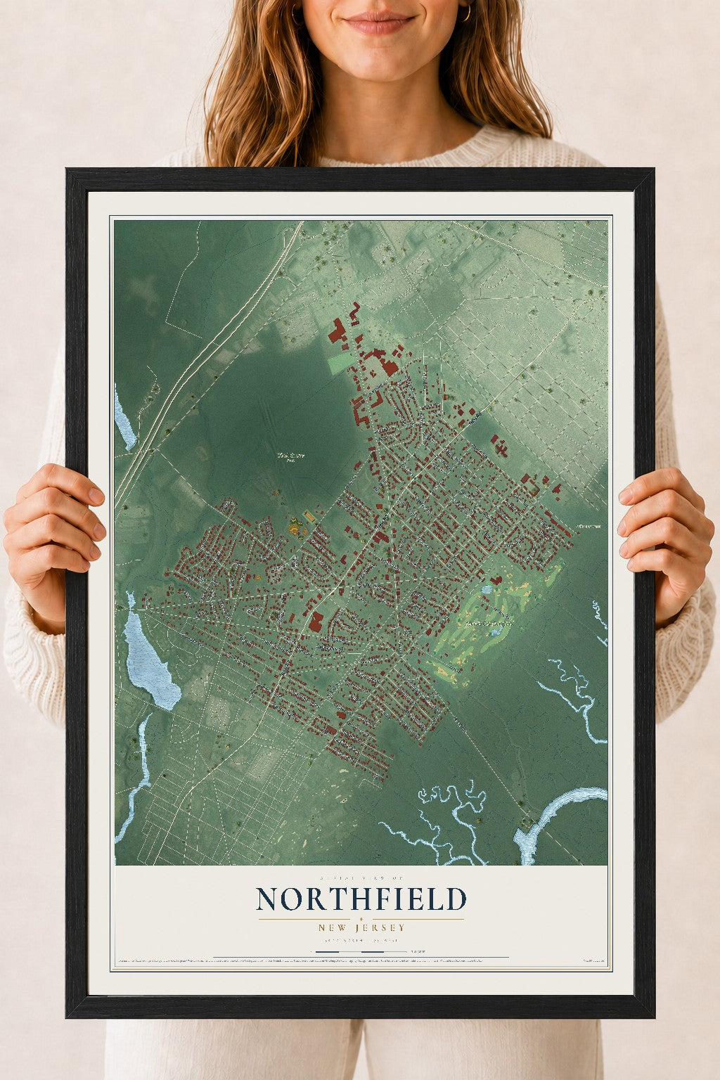 Northfield, New Jersey map print, 18" x 24" W/ Black Ayous Wood Frame mockup