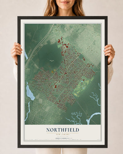 Northfield, New Jersey map print, 24" x 36" W/ Black Ayous Wood Frame mockup