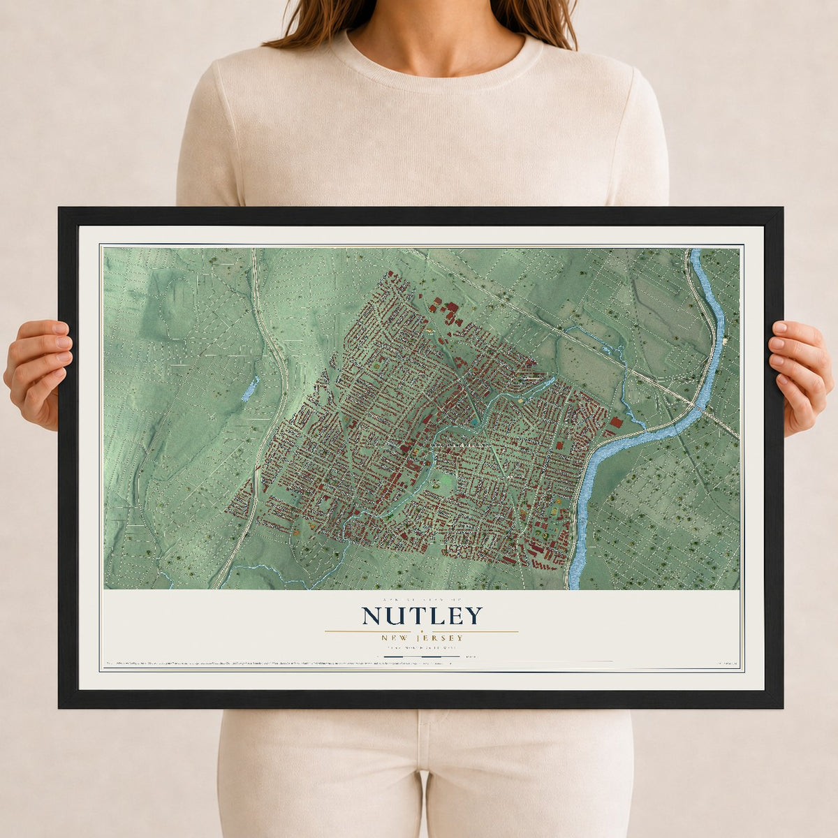 Nutley, New Jersey map print, 12" x 18" W/ Black Ayous Wood Frame mockup