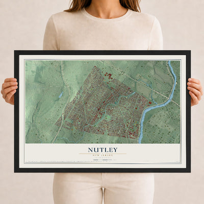 Nutley, New Jersey map print, 12" x 18" W/ Black Ayous Wood Frame mockup