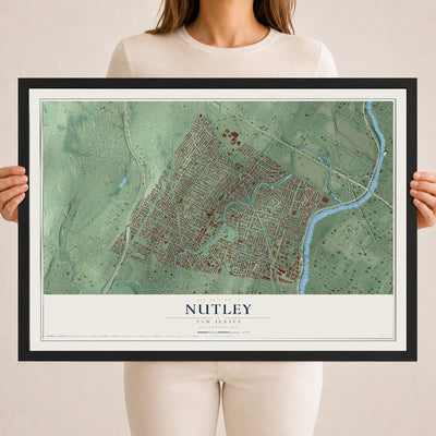 Nutley, New Jersey map print, 18" x 24" W/ Black Ayous Wood Frame mockup