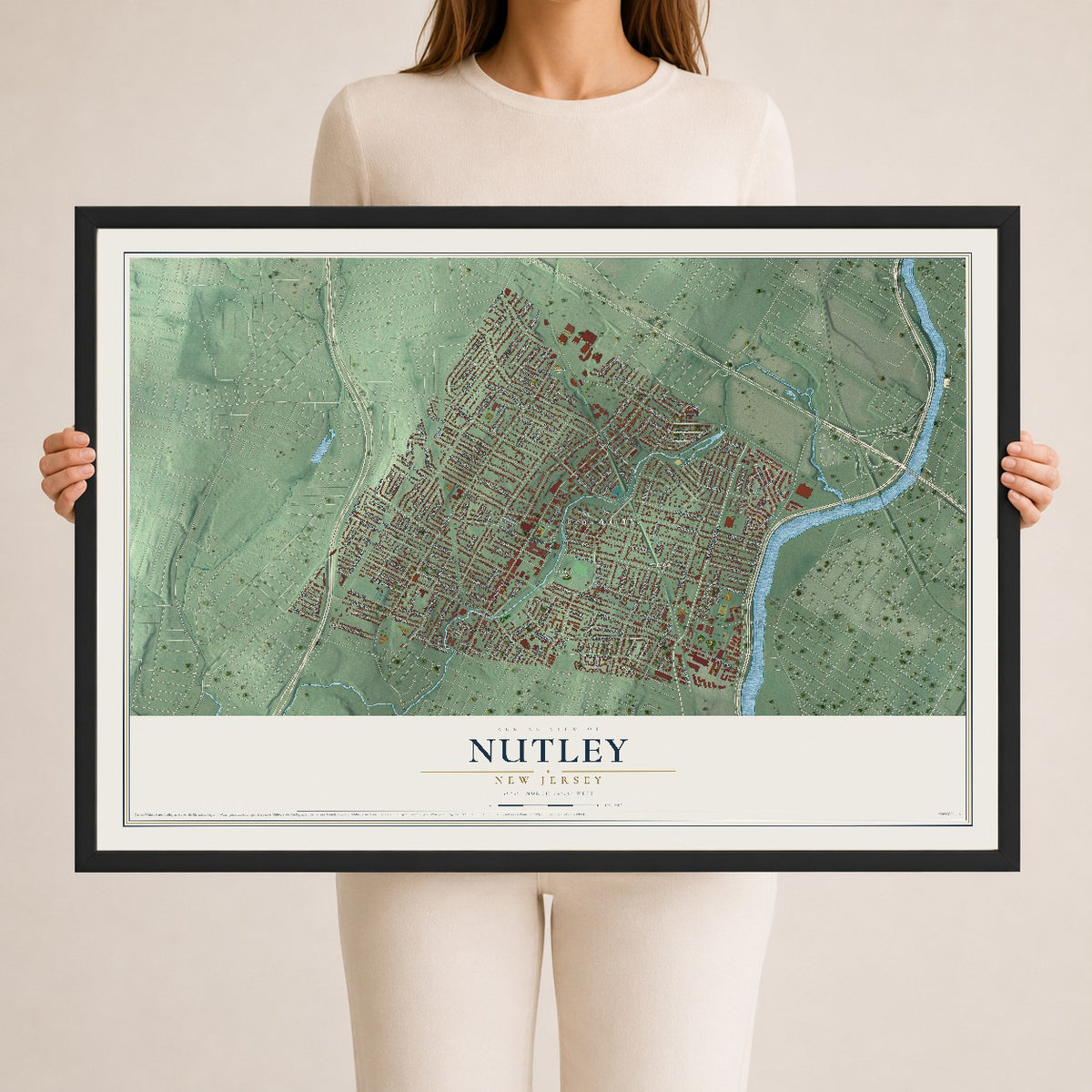 Nutley, New Jersey map print, 24" x 36" W/ Black Ayous Wood Frame mockup