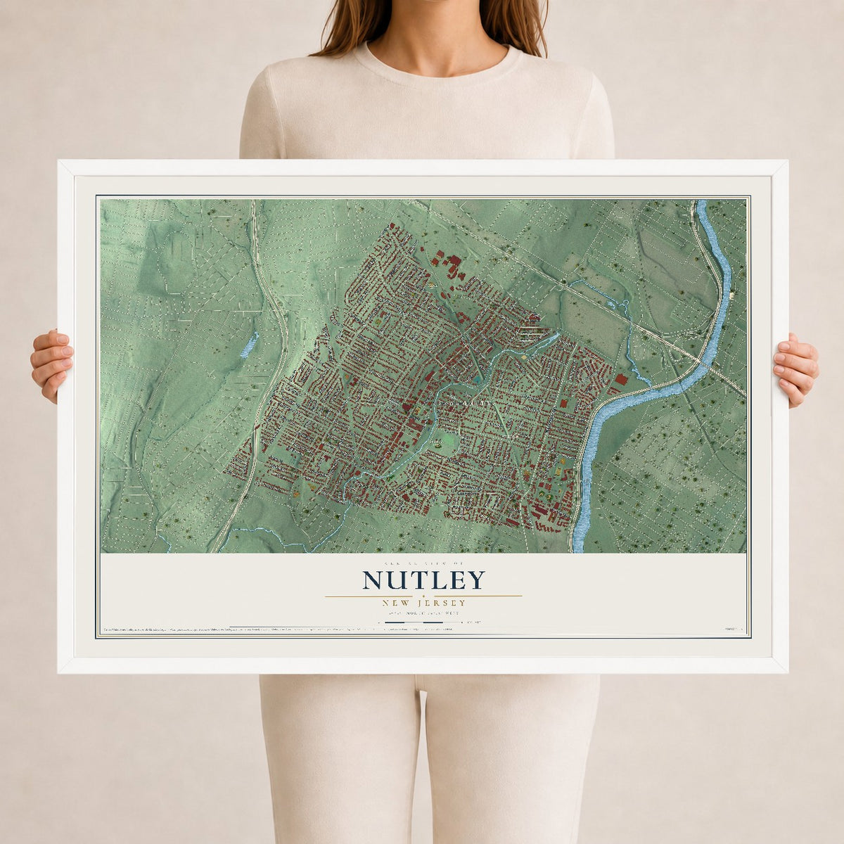 Nutley, New Jersey map print, 24" x 36" W/ White Ayous Wood Frame mockup