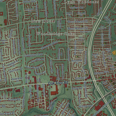 Close-up of the map of Oak Tree, New Jersey print showing street and building detail