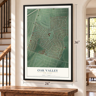 Oak Valley, New Jersey map, 24 x 36 inch print in a black frame by a staircase