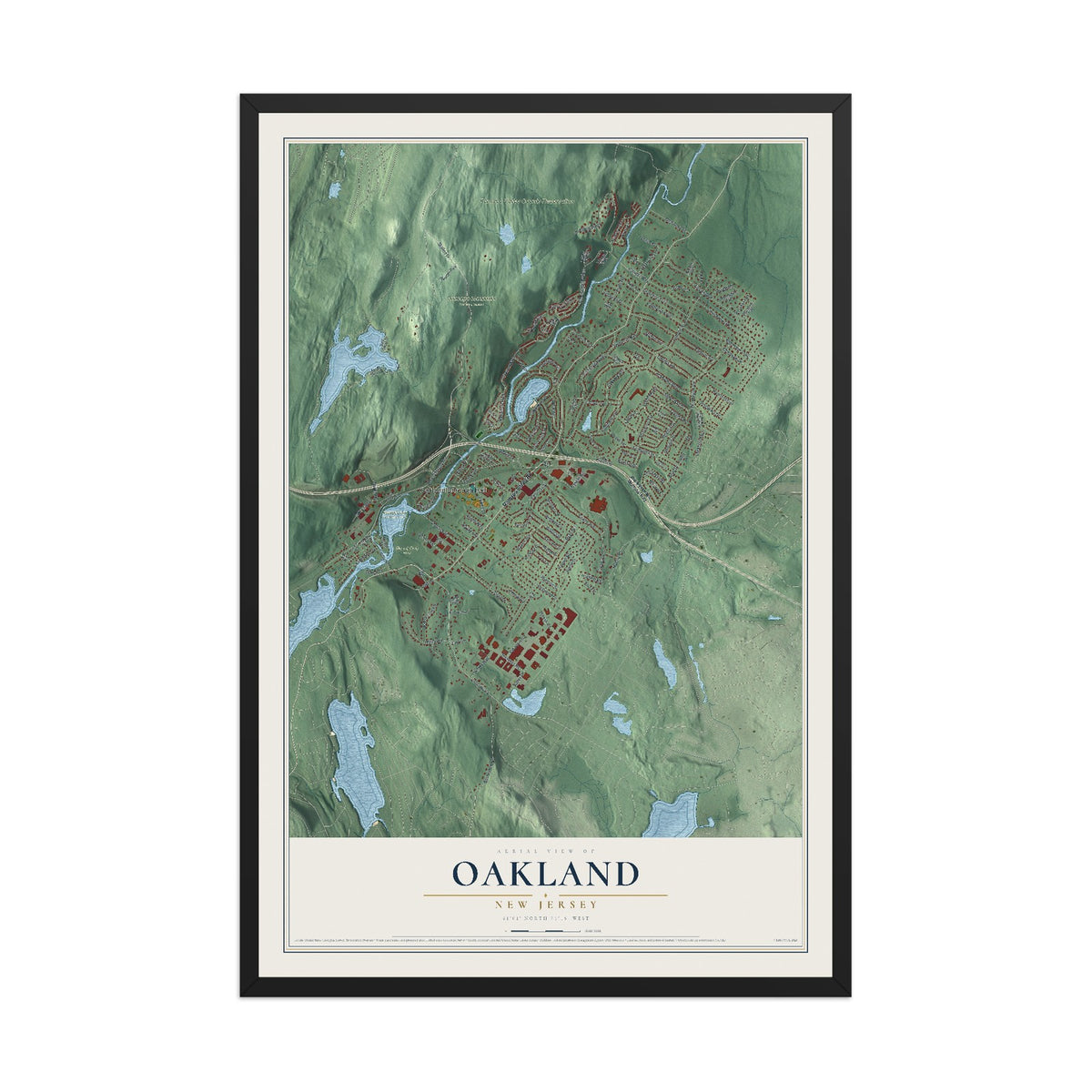 Oakland, New Jersey map print, 12" x 18" W/ Black Ayous Wood Frame mockup