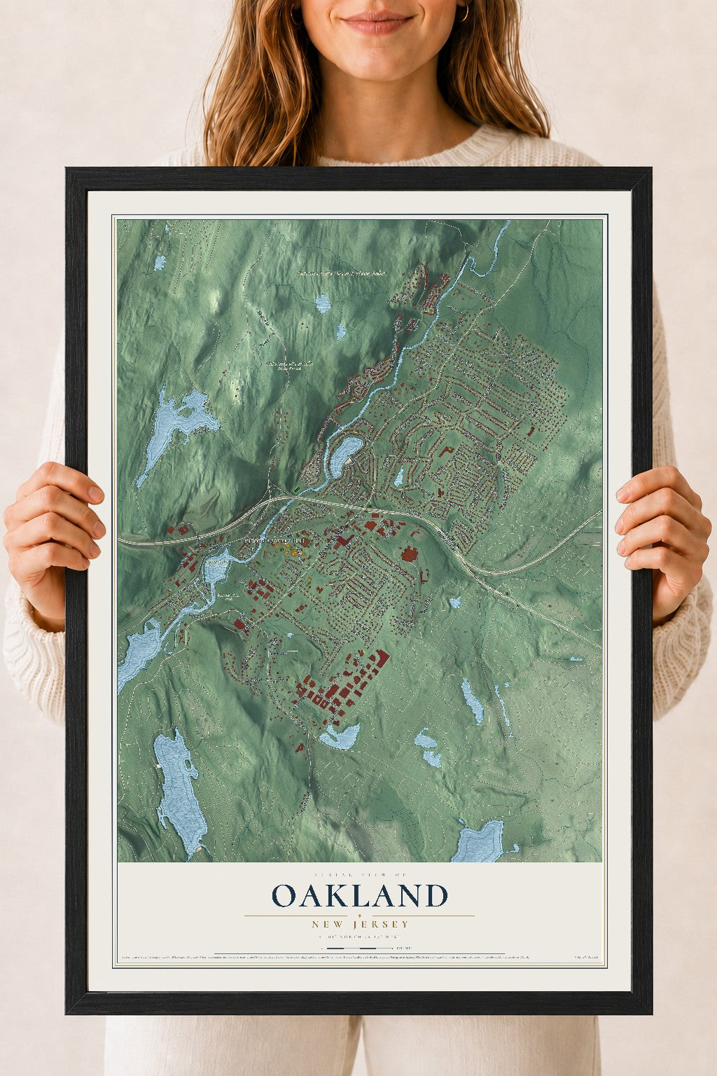 Oakland, New Jersey map print, 18" x 24" W/ Black Ayous Wood Frame mockup