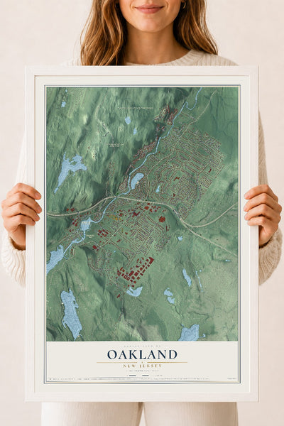 Oakland, New Jersey map print, 18" x 24" W/ White Ayous Wood Frame mockup