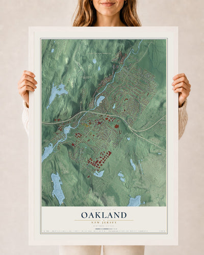 Oakland, New Jersey map print, 24" x 36" W/ White Ayous Wood Frame mockup