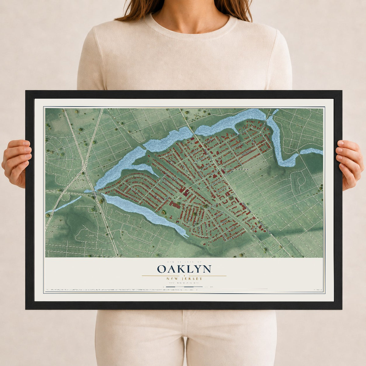 Oaklyn, New Jersey map print, 12" x 18" W/ Black Ayous Wood Frame mockup