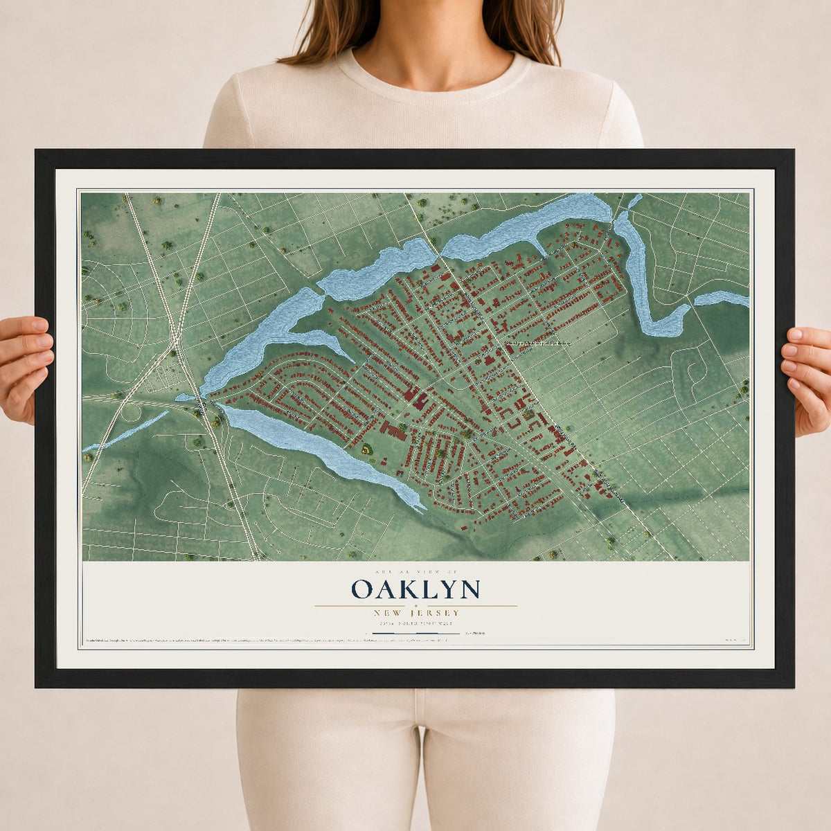 Oaklyn, New Jersey map print, 18" x 24" W/ Black Ayous Wood Frame mockup