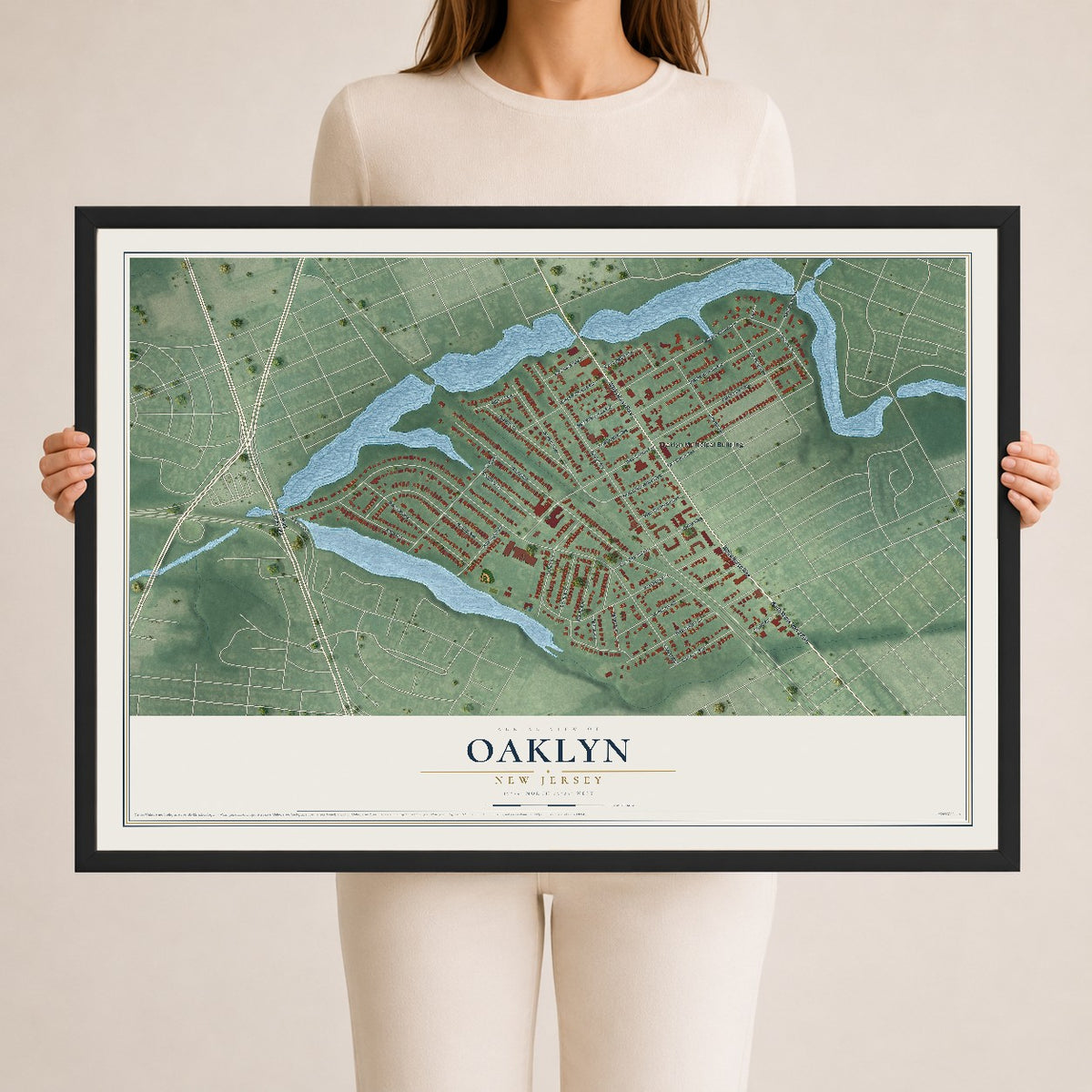 Oaklyn, New Jersey map print, 24" x 36" W/ Black Ayous Wood Frame mockup