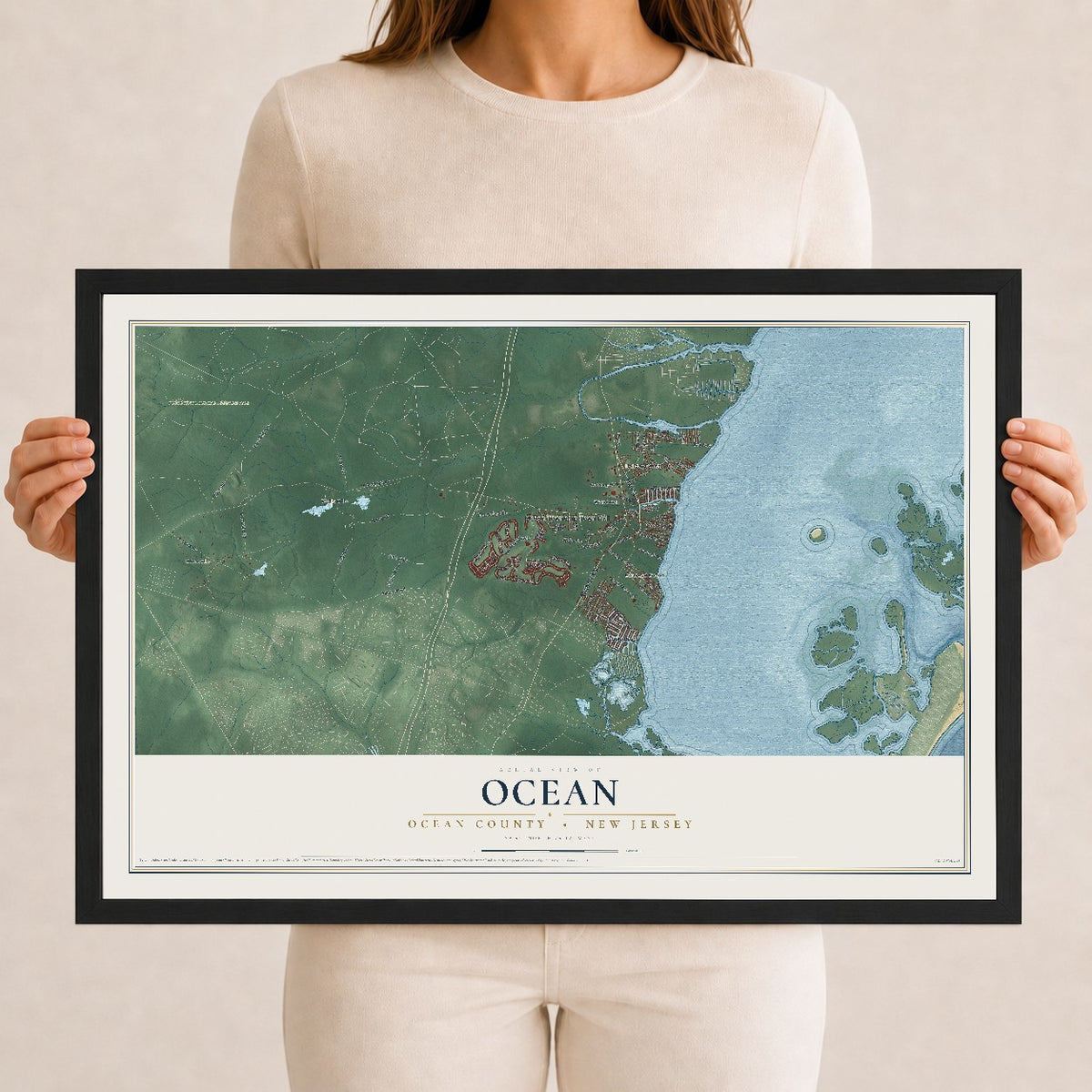 Ocean, New Jersey map print, 12" x 18" W/ Black Ayous Wood Frame mockup