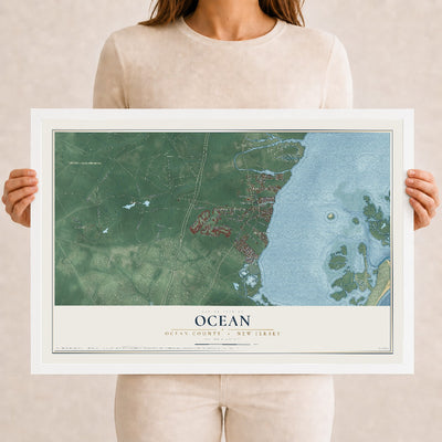 Ocean, New Jersey map print, 12" x 18" W/ White Ayous Wood Frame mockup