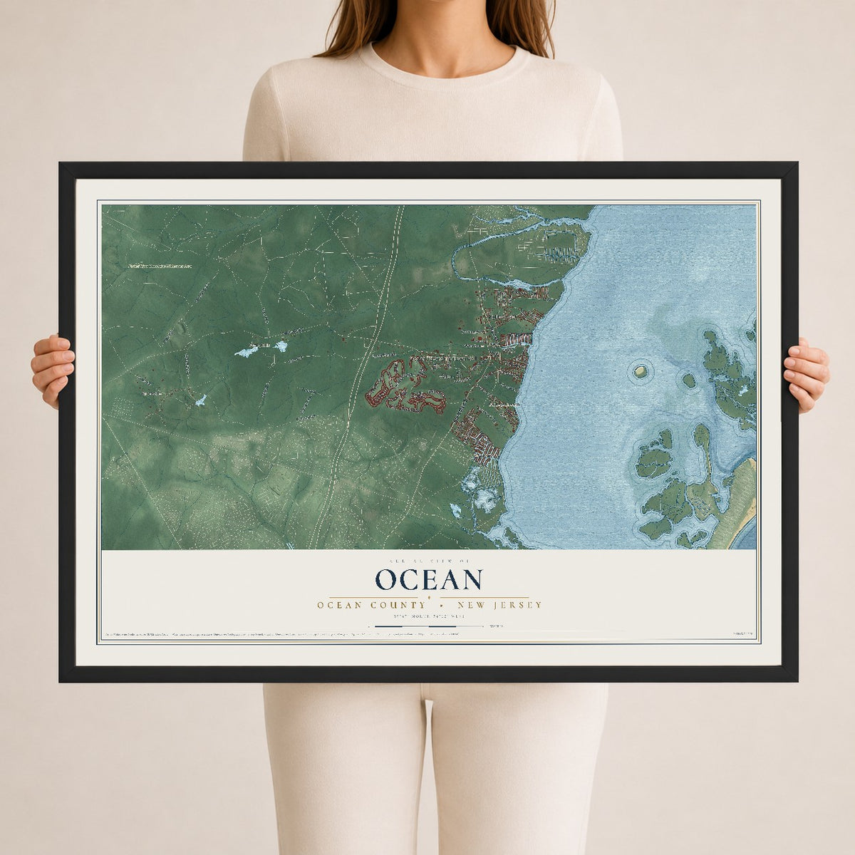Ocean, New Jersey map print, 24" x 36" W/ Black Ayous Wood Frame mockup