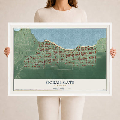 Ocean Gate, New Jersey map print, 24" x 36" W/ White Ayous Wood Frame mockup