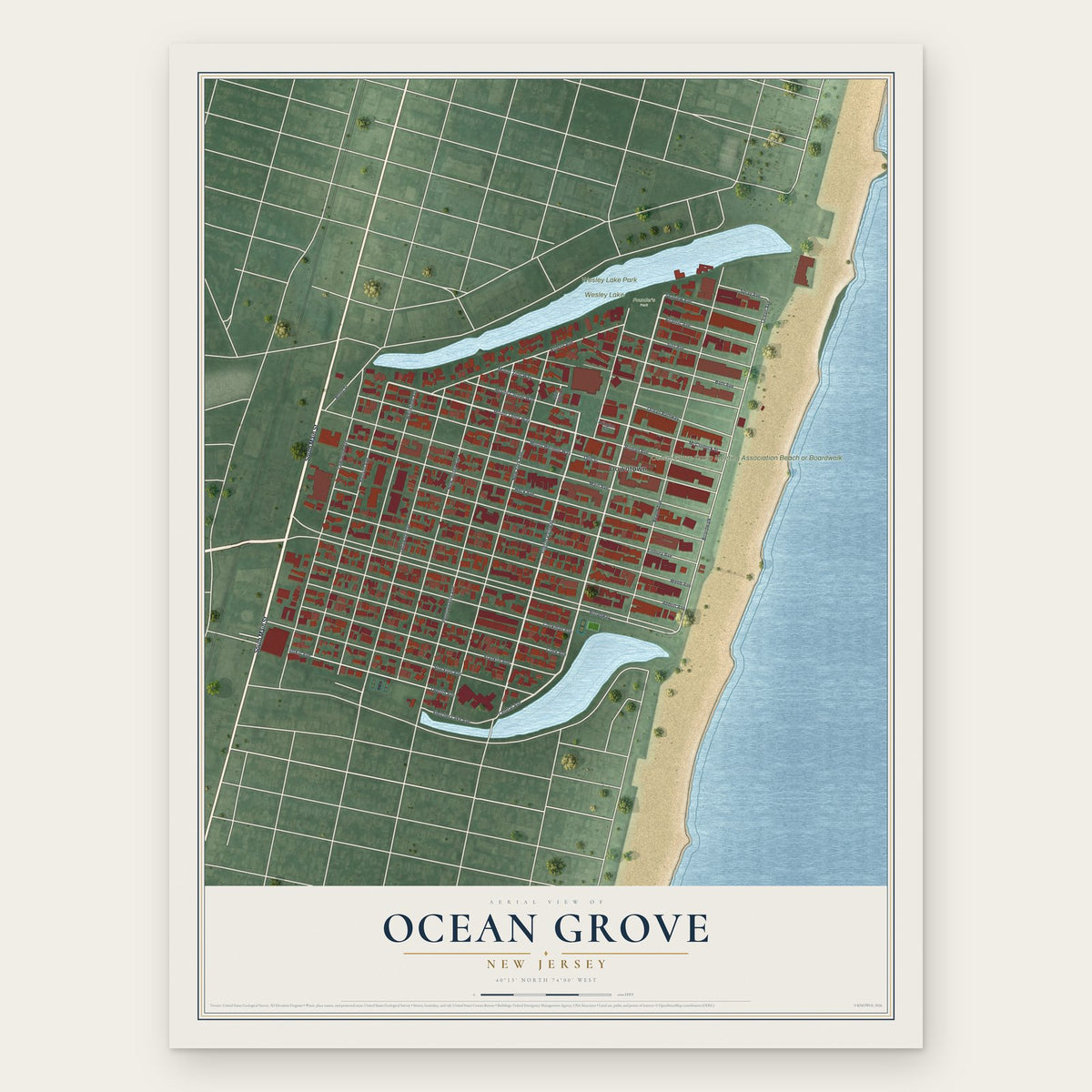 Ocean Grove, New Jersey map print, the full design