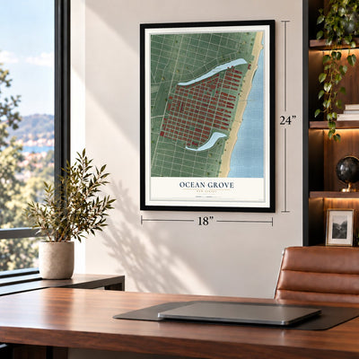 Ocean Grove, New Jersey map, 18 x 24 inch print in a black frame in a home office