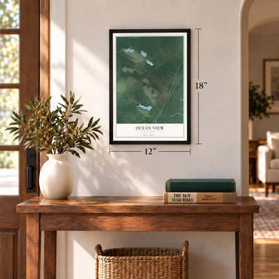 Ocean View, New Jersey map, 12 x 18 inch print in a black frame in an entryway
