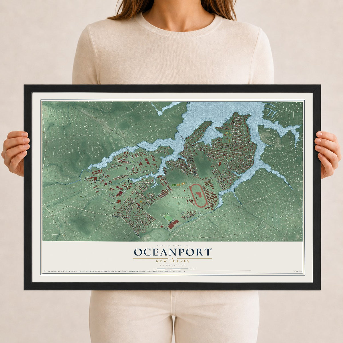 Oceanport, New Jersey map print, 12" x 18" W/ Black Ayous Wood Frame mockup