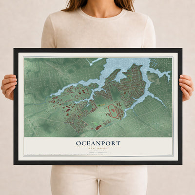 Oceanport, New Jersey map print, 12" x 18" W/ Black Ayous Wood Frame mockup