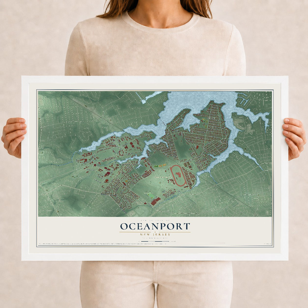 Oceanport, New Jersey map print, 12" x 18" W/ White Ayous Wood Frame mockup