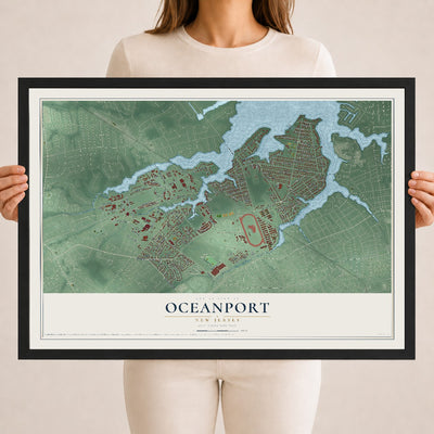 Oceanport, New Jersey map print, 18" x 24" W/ Black Ayous Wood Frame mockup