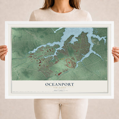 Oceanport, New Jersey map print, 18" x 24" W/ White Ayous Wood Frame mockup
