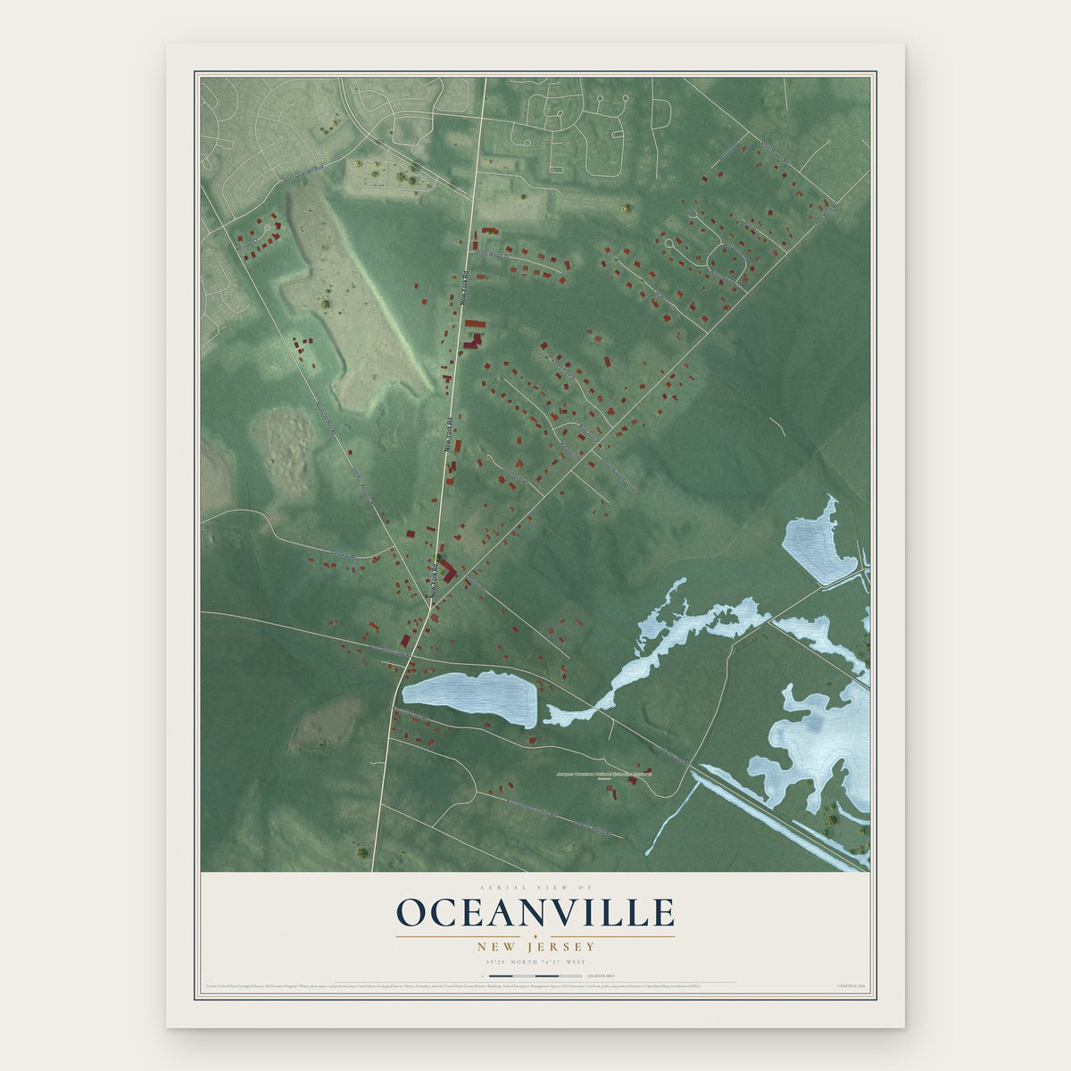 Oceanville, New Jersey map print, the full design