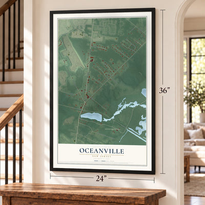 Oceanville, New Jersey map, 24 x 36 inch print in a black frame by a staircase