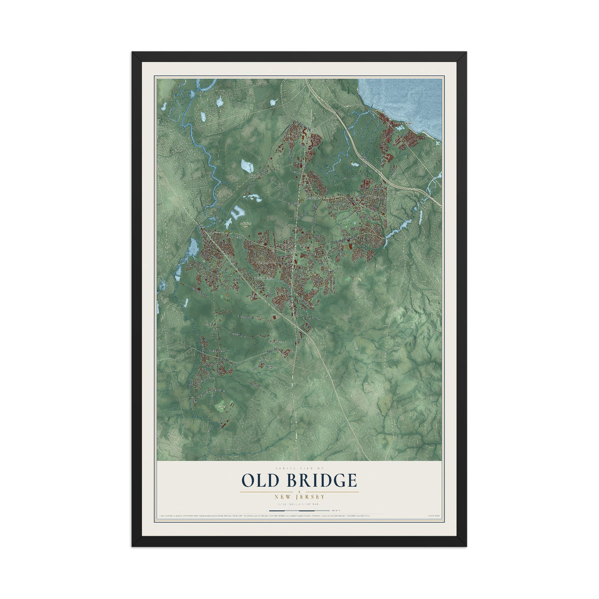 Old Bridge, New Jersey map print, 12" x 18" W/ Black Ayous Wood Frame mockup