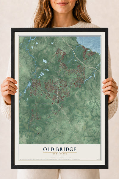 Old Bridge, New Jersey map print, 18" x 24" W/ Black Ayous Wood Frame mockup