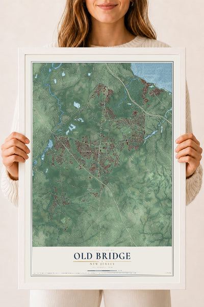 Old Bridge, New Jersey map print, 18" x 24" W/ White Ayous Wood Frame mockup