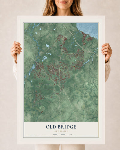 Old Bridge, New Jersey map print, 24" x 36" W/ White Ayous Wood Frame mockup
