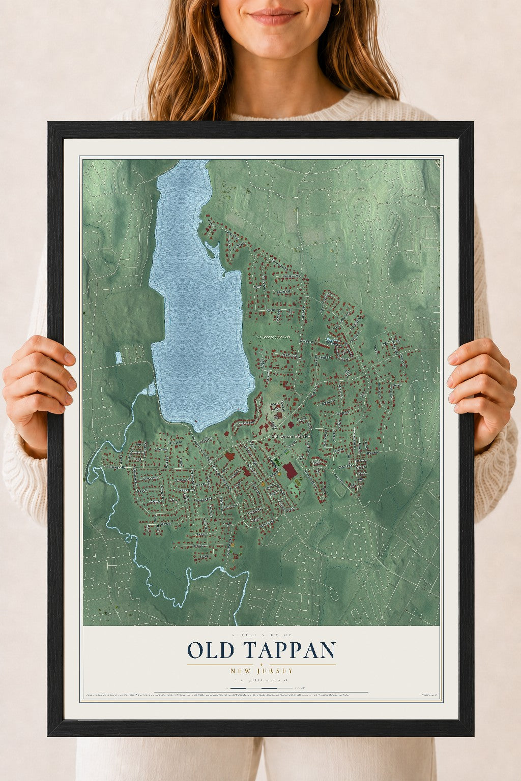 Old Tappan, New Jersey map print, 18" x 24" W/ Black Ayous Wood Frame mockup